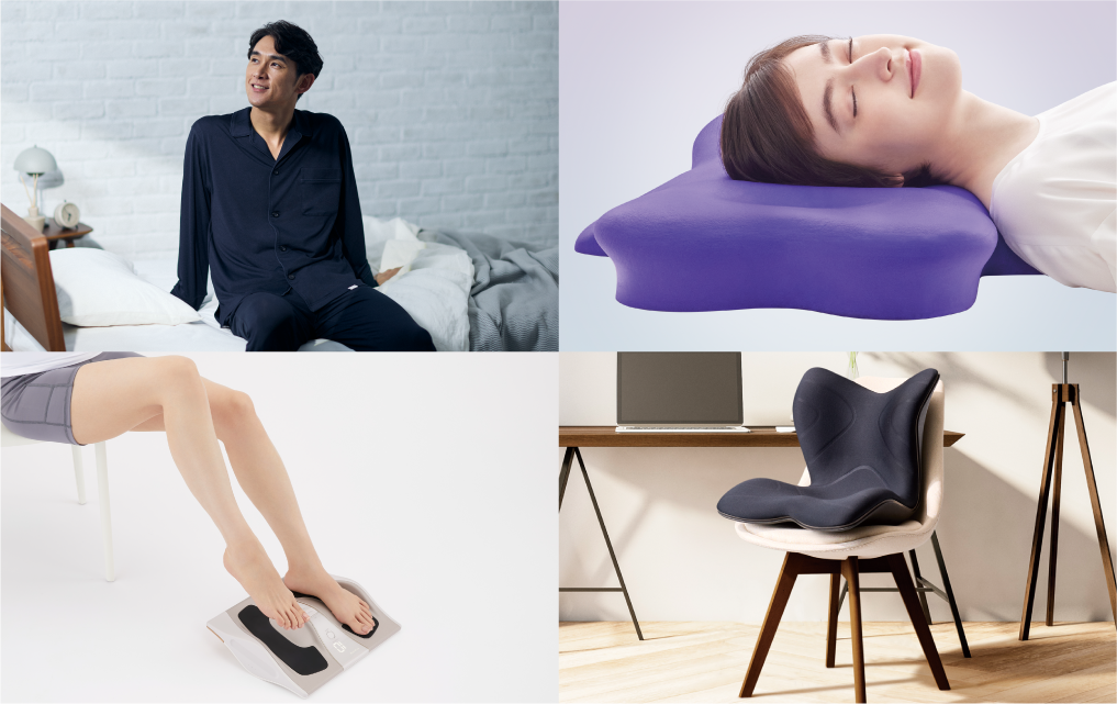 写真：ReDの衣類とまくら、Style骨盤サポートチェア、フットケア機器を使ったモデルの使用イメージ